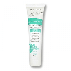 Zeo-Medic natural toothpaste with zeolite, mint and sage flavor, 75 ml, showing the tube with mint and sage illustrations