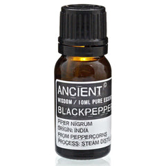 Blackpepper essential oil bottle by AW GIFTS for skin care, 10ml, with dark glass bottle and label visible.