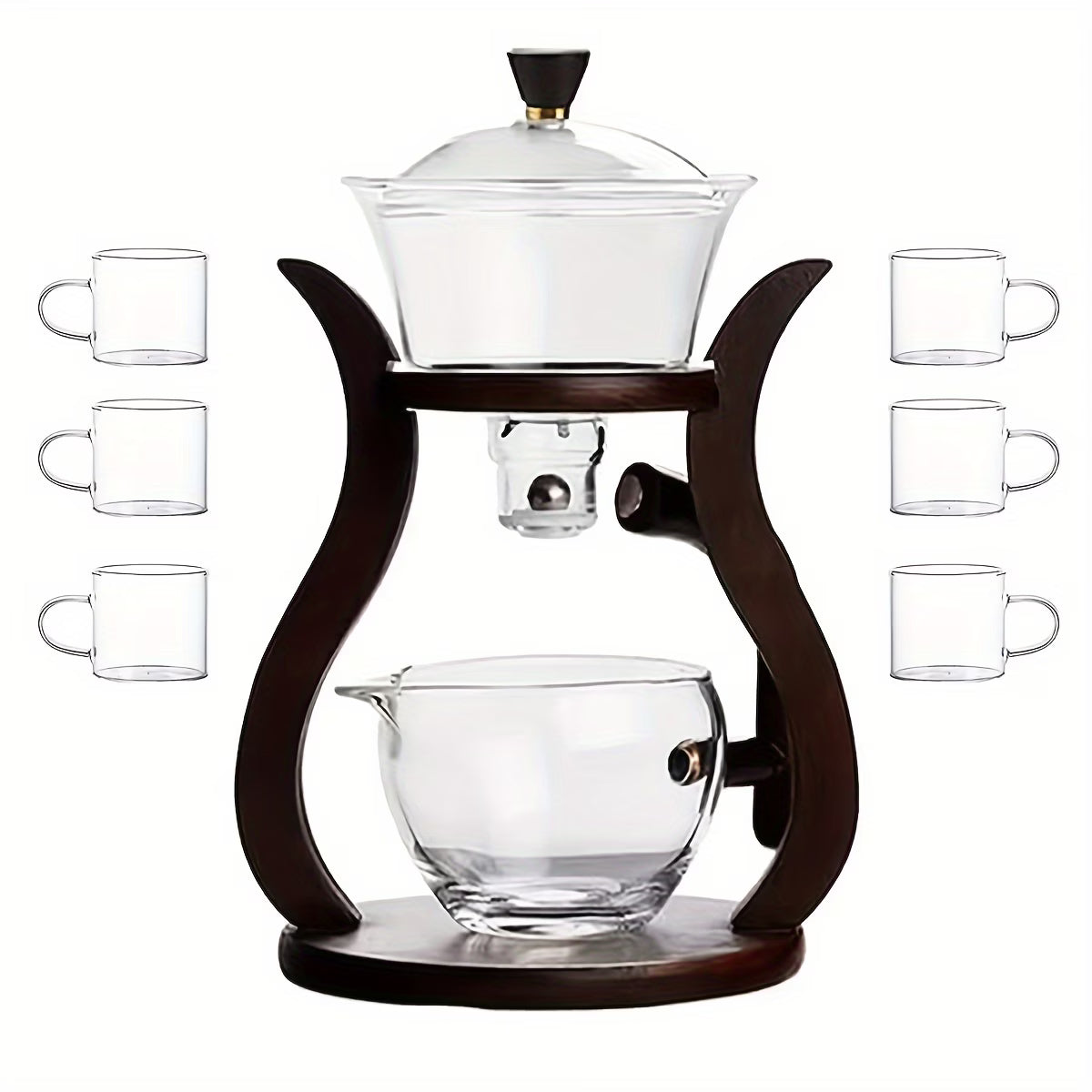 TEMU premium semi-automatic glass gongfu tea set with 6 cups, elegant transparent glass teapot and cups for traditional tea brewing.