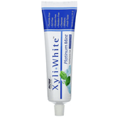 MKSTAVRINOS XyliWhite Platinum Mint toothpaste gel in 6.4 oz tube, featuring fresh mint flavor and whitening formula.