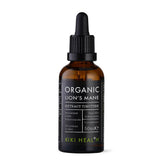 Kiki Health Organic Lions Mane Extract Tincture bottle from Herbalistas, 50ml supplement with label and dropper in view