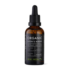 Kiki Health Organic Lions Mane Extract Tincture bottle from Herbalistas, 50ml supplement with label and dropper in view