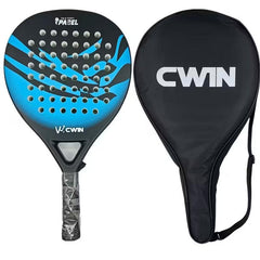 TEMU padel racket with carbon fiber face and soft EVA core, shown with paddle bag, ideal for tennis and pickleball play.