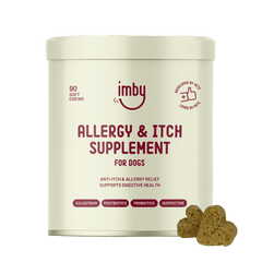 IMBY Allergy & Itch Pet Supplement bottle showing the label and supplement capsules for dogs and cats with allergy relief.