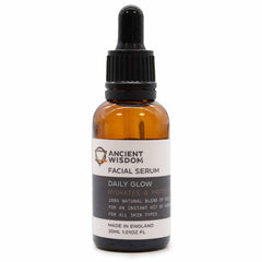 AW GIFTS Daily Glow Facial Serum in 30ml bottle, featuring clear liquid and sleek packaging, part of skincare routine.