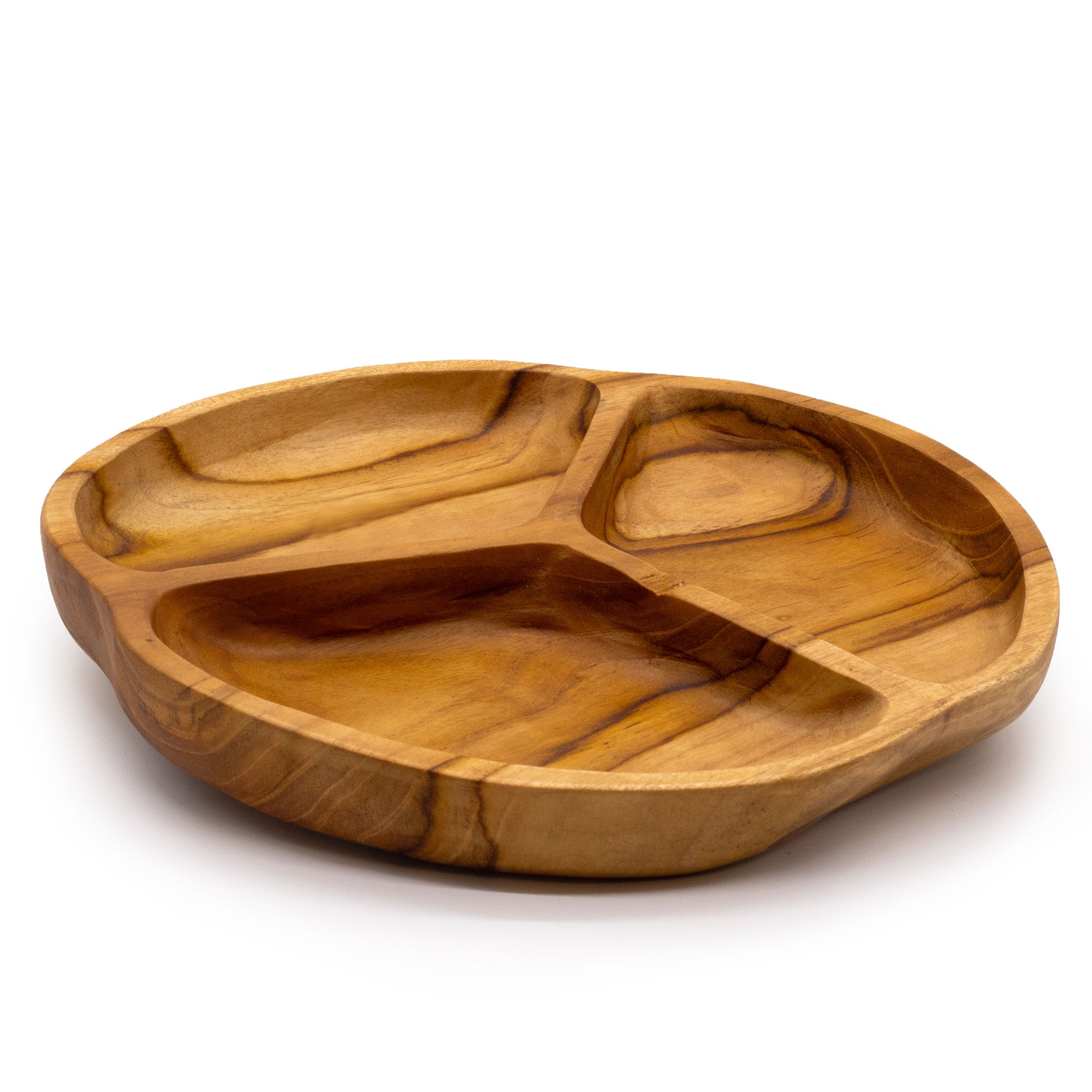 Smooth teakwood fruit bowl with three sections, measuring 30x4cm, by AW GIFTS, showcasing natural wood grain and craftsmanship.