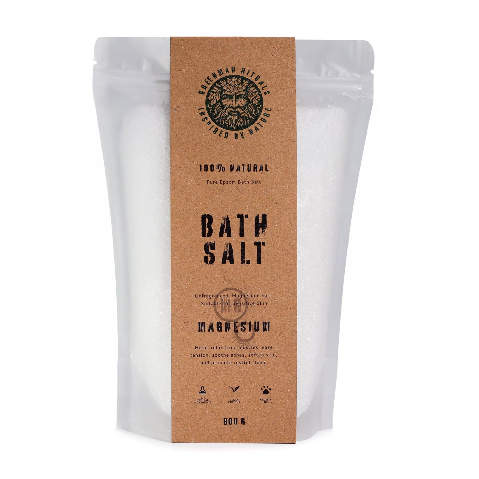 Greenman Rituals Magnesium Epsom Bath Salt in a clear container, showcasing the pure formula for relaxing bath experiences.