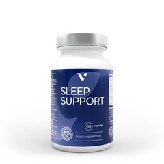 ZINZINO Sleep Support supplement bottle with white label and capsules inside, designed to promote restful sleep and relaxation.