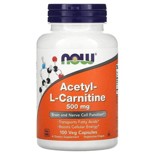 Old Products NOW Foods Acetyl-L-Carnitine 500 mg vegan capsules, dietary supplement bottle with 100 capsules visible.