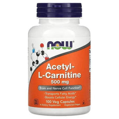 Old Products NOW Foods Acetyl-L-Carnitine 500 mg vegan capsules, dietary supplement bottle with 100 capsules visible.