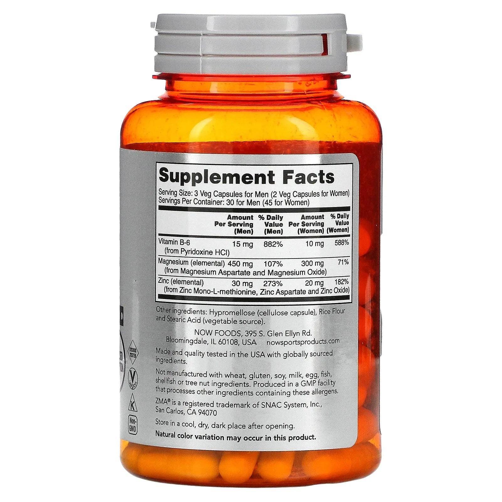 NOW Sports ZMA supplement in 90 vegetarian capsules, designed for sports recovery and muscle support.