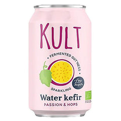 Herbalistas KULT Bio Water Kefir Passion & Hops in 330ml bottle, showing the fermented kefir beverage with passion fruit and hops ingredients.
