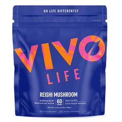 Vivo Life Reishi Mushroom Powder supplement container with label, showing 15:1 extract and 60 servings.
