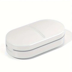 White portable 2-in-1 pill cutter and organizer by TEMU, compact design with compartments and a built-in blade for easy medication management.