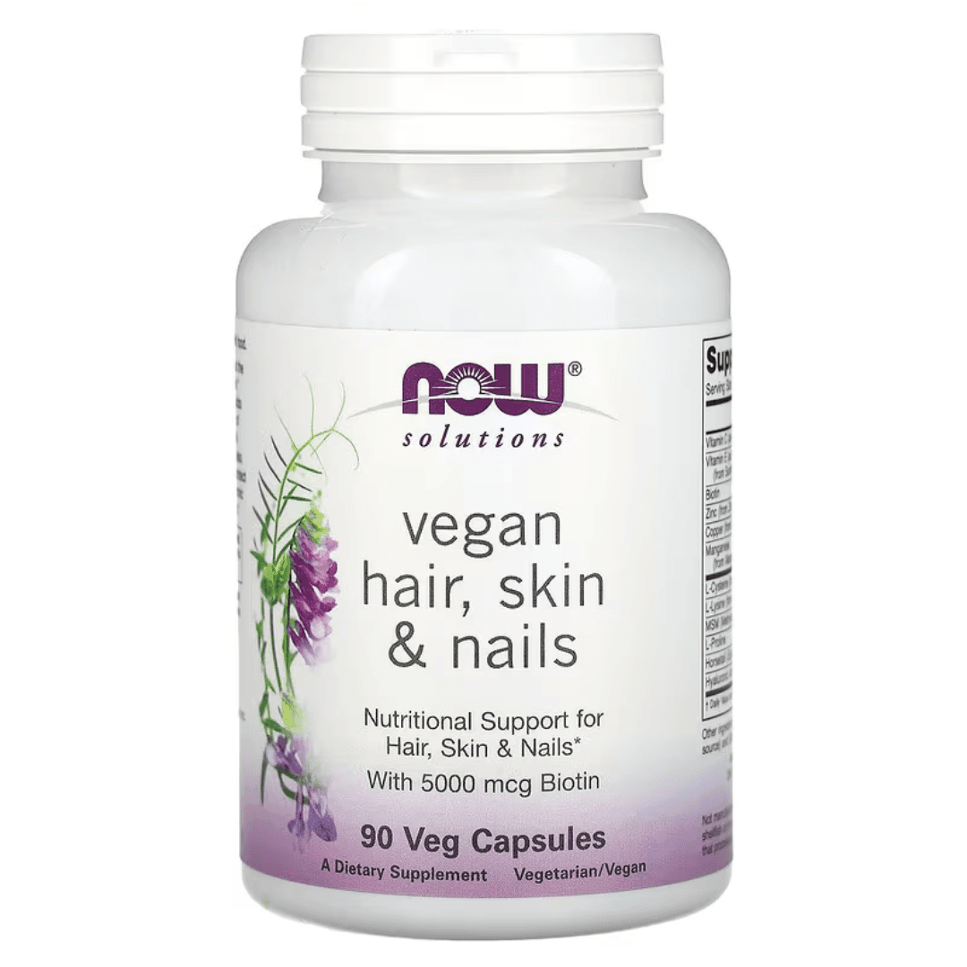 MKSTAVRINOS NOW Foods Vegan Hair, Skin & Nails supplement capsules, 90 veggie capsules in eco-friendly bottle.