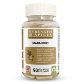 Bottle of Strength & Spices Maca Root 700mg supplement capsules, 90 count, with label showing product details and branding.