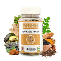 Bottle of Strength & Spices Psoriasis Relief 1000mg supplement capsules, with label showing product details and branding.