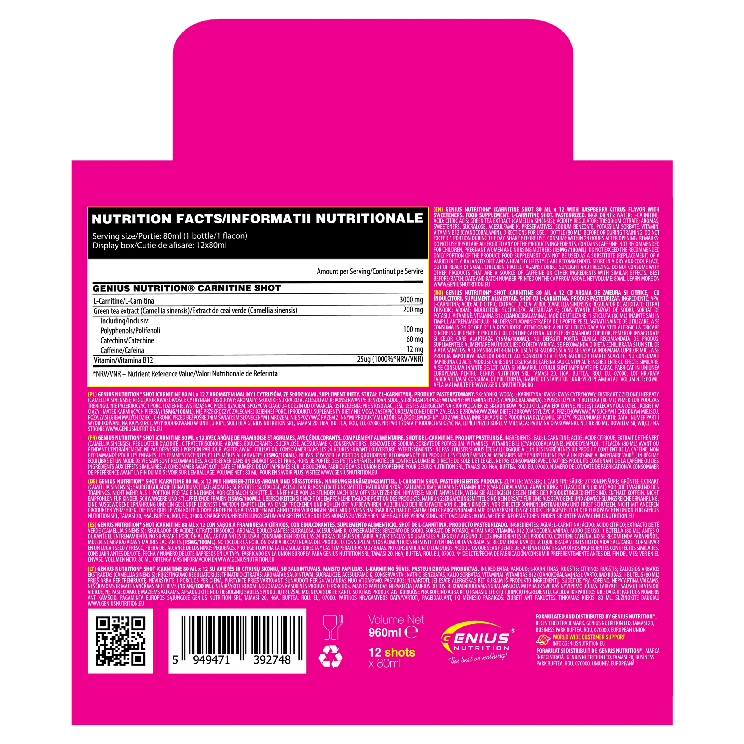 Genius Nutrition Carnitine Shot 80ml supplement bottle with label, designed for energy and fat metabolism support