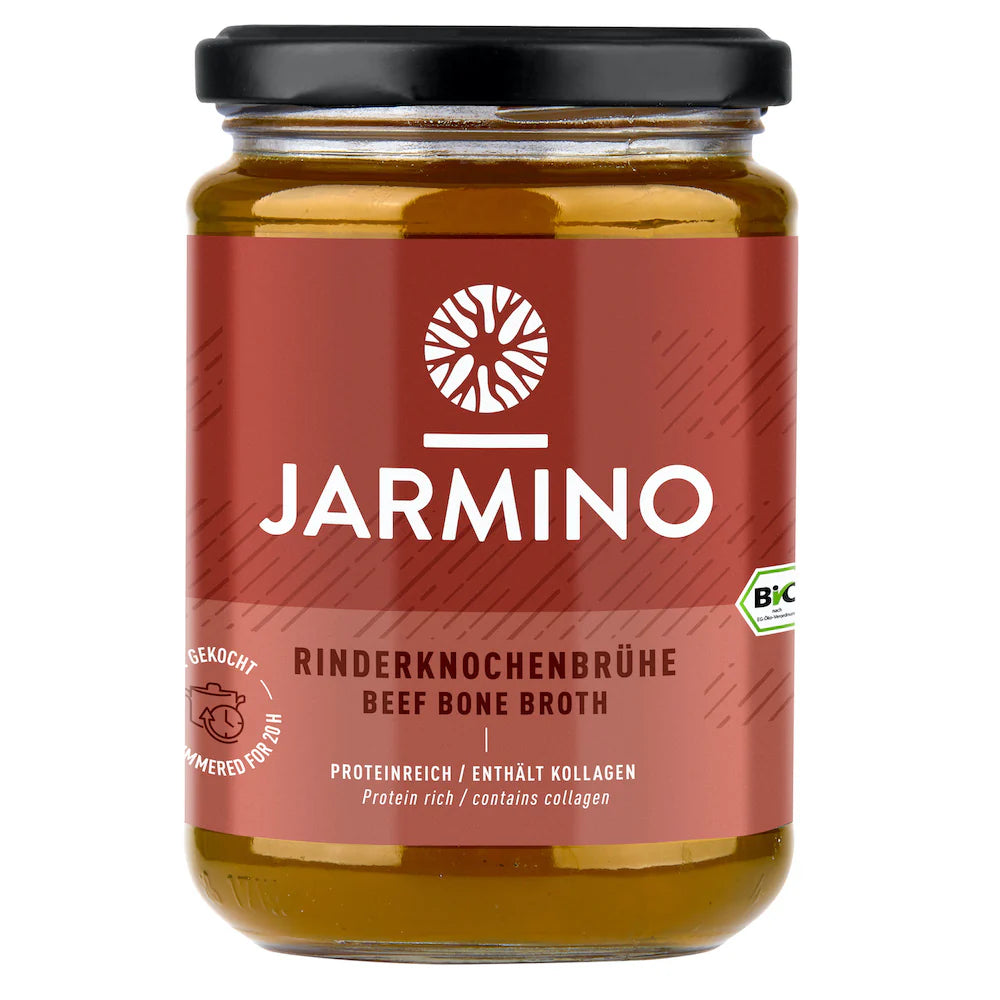 Jarmino organic beef bone broth in a 350ml jar, rich in collagen and nutrients, showcasing the nutrient-rich beef broth in a glass jar.