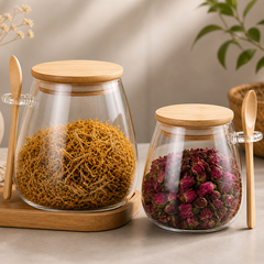 2-Piece Glass Storage Jar Set with Bamboo Lid & Spoon – Airtight Kitchen Organizer (1 jar per set)