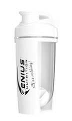 White G-SHAKER 500ML from Genius Nutrition, a sleek shaker bottle with a secure lid and mixing ball, perfect for fitness drinks.
