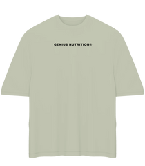 Genius Nutrition oversized khaki green T-shirt in XL, casual fit, soft fabric, displayed flat with front view.