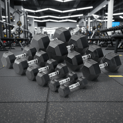 Viking Fitness Viking Professional Hexagon Dumbbell resting on gym floor, black cast iron with textured handle for grip.