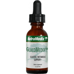 SENTOSA Nutramedix GlucoMedix diabetes control supplement bottle with label, 2oz size, natural health product for blood sugar support