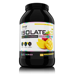 Genius Nutrition ISOLATE-X5 Mango Shake protein powder container, 2000g, 60 servings, with a mango flavor label and product scoop.