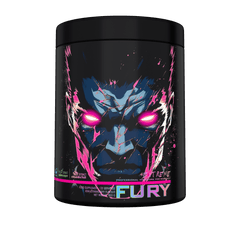 Genius Nutrition Fury Extreme energy supplement in kiwi strawberry flavor, 400g container with vibrant fruit imagery.