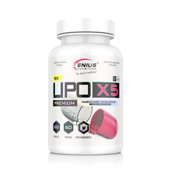 Genius Nutrition LIPO-X5 supplement bottle with 60 capsules, featuring a sleek label design and supplement branding.