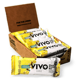 Vivo Life Plant Protein Bars with lemon and cashew flavor, showcasing the energy-boosting snack in a clear wrapper.