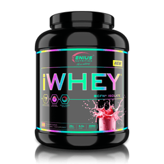Genius Nutrition iWHEY ISOLATE protein powder in strawberry flavor, 2000g container with scoop and label visible.