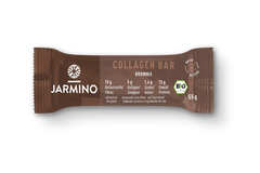 Jarmino organic collagen chocolate brownie protein bar, 55g, showing a close-up of the chocolate brownie flavor snack.