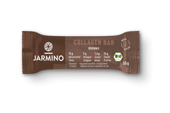 Jarmino Organic Collagen Bar in Chocolate Brownie flavor, high-protein snack, 55g, showing the bar with chocolate and brownie textures.