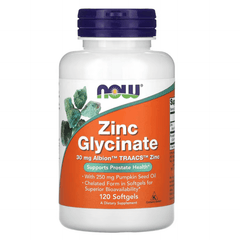 Supplements bottle of NOW Foods Zinc Glycinate 120 softgels, dietary supplement for immune support and mineral health.