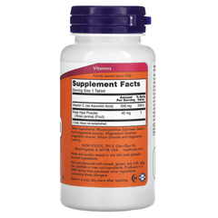 NOW Foods C-500 supplement with rose hips, 100 tablets, showing the supplement bottle and label.