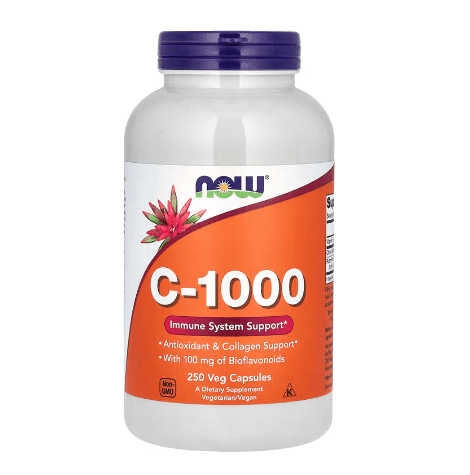 Old Products NOW Foods C-1000 supplement bottle with 250 vegetarian capsules, featuring bioflavonoids for immune support.