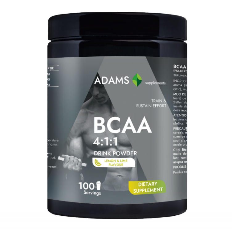 Adams Supplements BCAA 4:1:1 lemon-lime supplement in a 400g container, showing the product label and scoop.