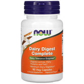 NOW Foods Dairy Digest Complete supplement in a bottle with 90 vegetarian capsules, designed to support dairy digestion.