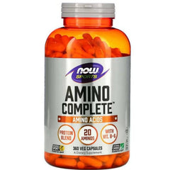 MKSTAVRINOS NOW Foods Amino Complete supplement bottle with 360 vegan capsules, labeled as sports amino acid supplement.