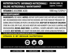 Genius Nutrition Vitamin C supplement 200g jar, showing the label and orange flavor imagery on the container.