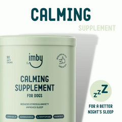 IMBY Calming dog product container with calming ingredients, designed to promote relaxation in dogs.