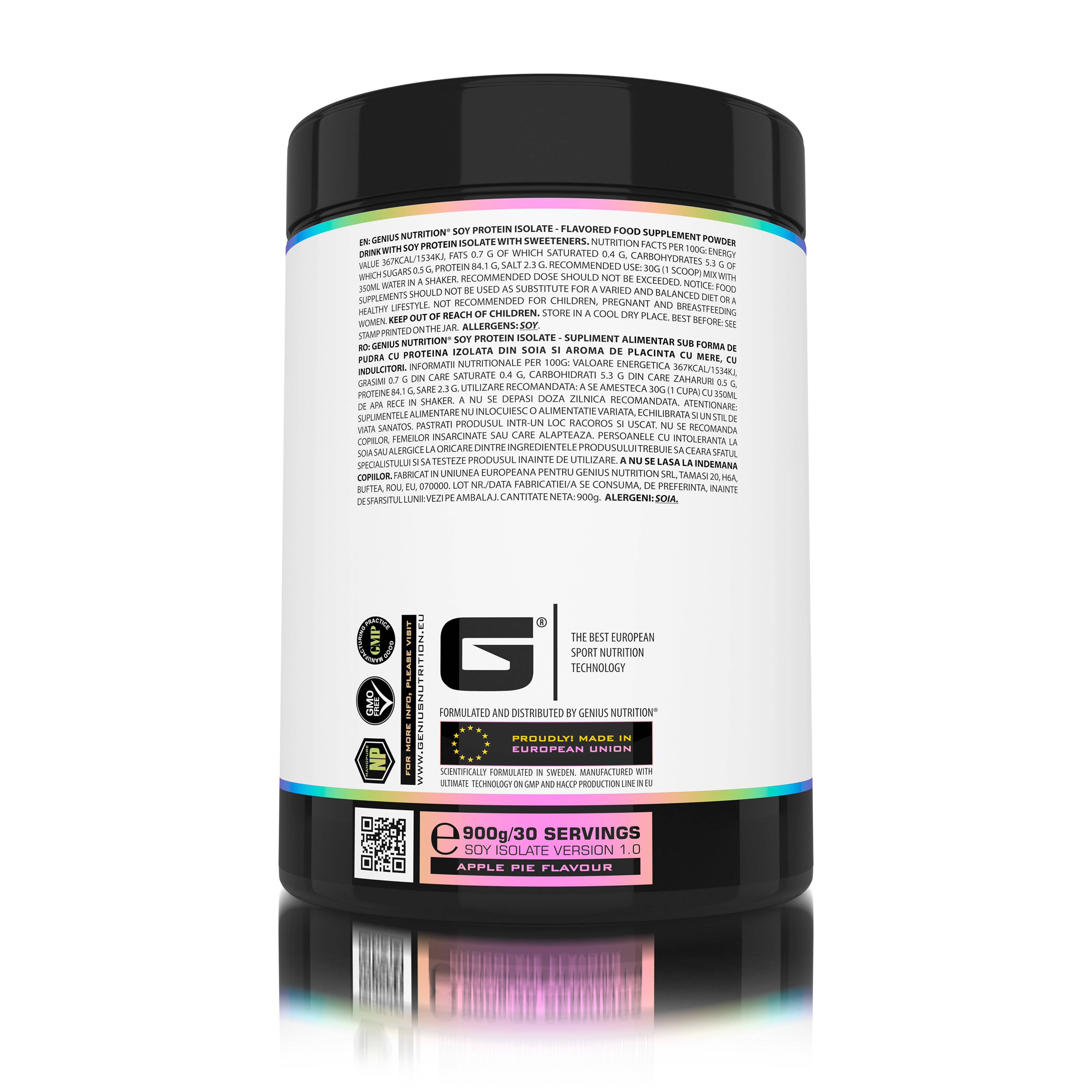 Genius Nutrition Soy Protein Isolate powder in 900g container, natural soy protein supplement with apple pie flavor on a white background.