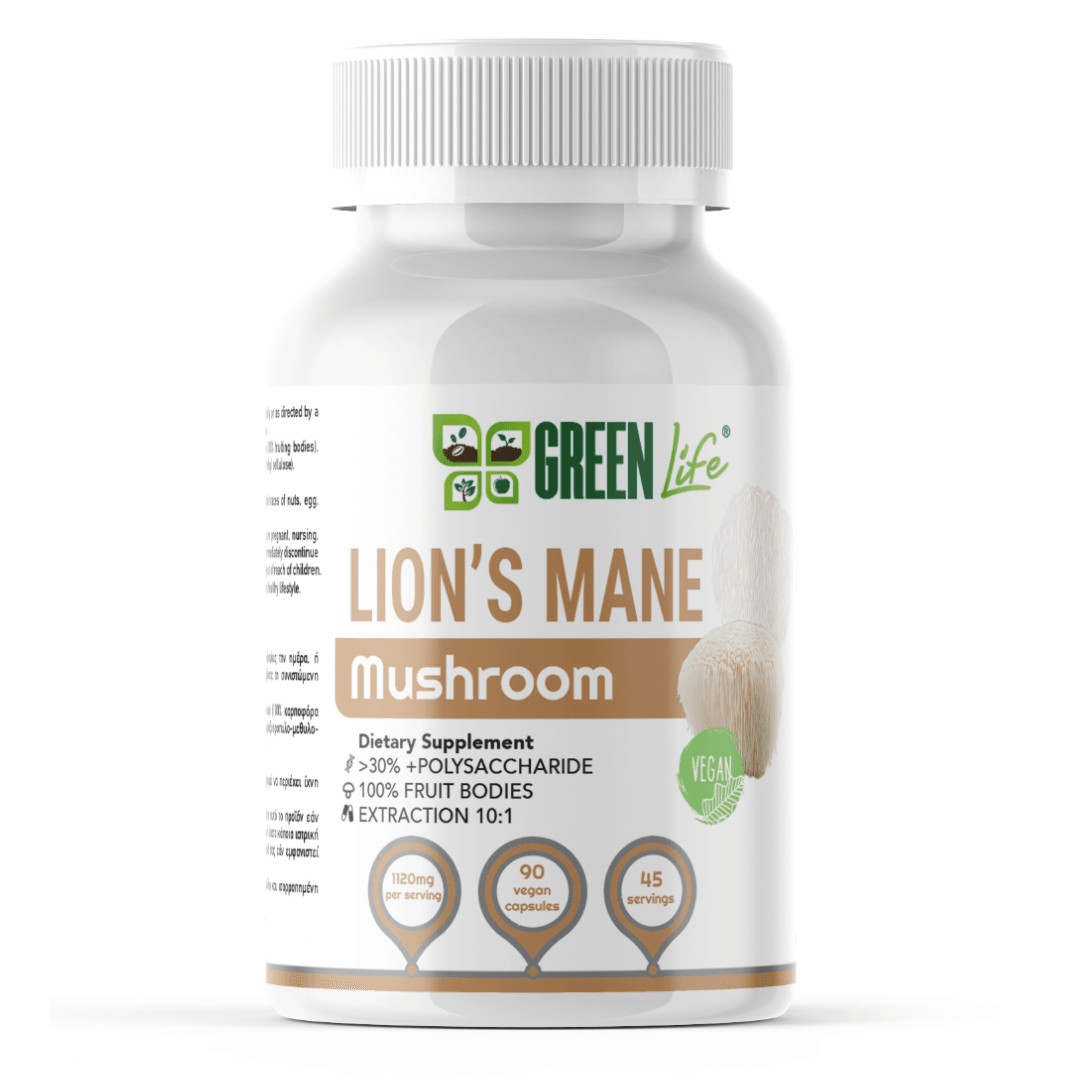 Green Life Cyprus Lion’s Mane Mushroom supplement bottle with 90 capsules, promoting cognitive and nervous system support.