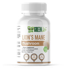 Green Life Cyprus Lion’s Mane Mushroom supplement bottle with 90 capsules, promoting cognitive and nervous system support.