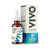 Vivo Life plant-based Omega 3 supplement bottle with label showing omega-3 fish oil alternative from algae, on a white background.