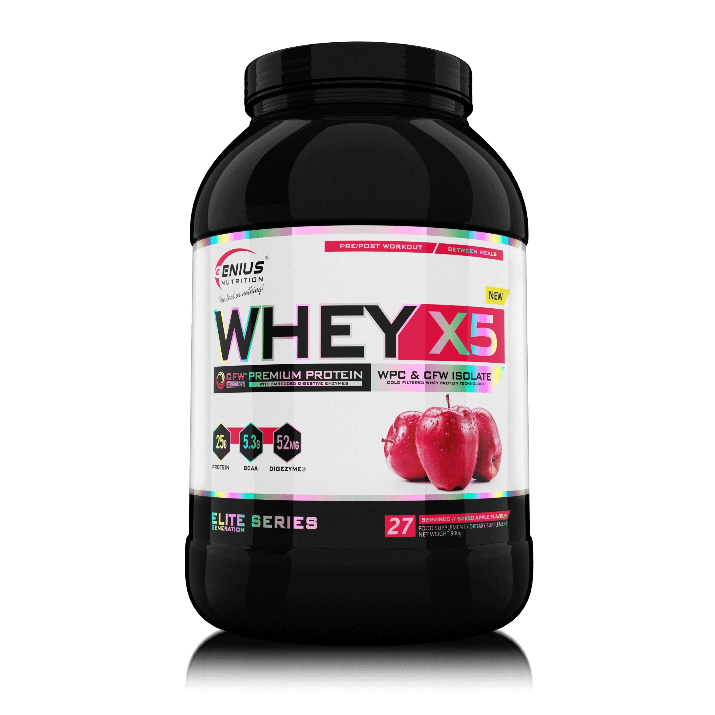 Genius Nutrition WHEY-X5 protein powder with baked apple flavor in 900g container, showing the product packaging.