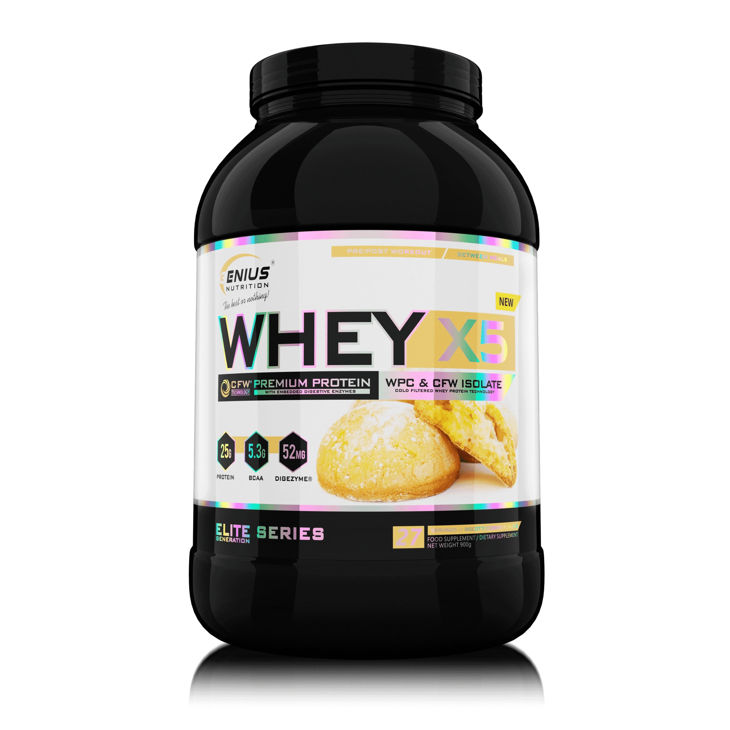 Genius Nutrition WHEY-X5 protein powder in 900g container with Biscotti Cookies flavor, displayed with scoop and packaging.