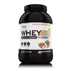 Genius Nutrition WHEY-X5 protein powder in Bueno Chocolate flavor, 900g container with a scoop and chocolate flavor label.